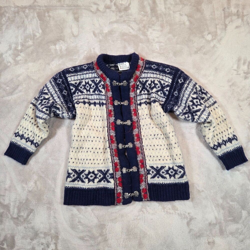 Vintage VOSS Norway Youth Wool Cardigan Nordic Fair Isle Pewter Clasps M